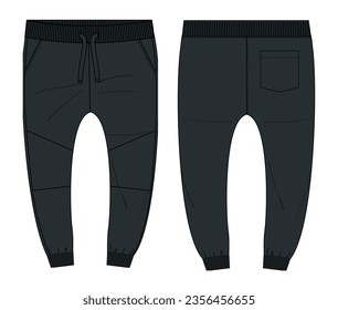 Fleece cotton jersey basic Sweat pant technical fashion flat sketch template front and back views. Apparel jogger pants vector illustration black color mock up for kids and boys.