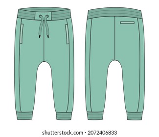 Fleece cotton jersey Sweat pant technical fashion flat sketch template front and back views. Apparel jogger pants Green color vector illustration mock up for kids and boys. Fashion design drawing CAD.