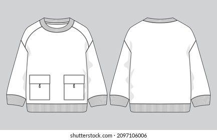 Fleece Cotton Jersey Sweatshirt With Pocket technical fashion Flat Sketches   vector template For men's. Apparel dress design mockup CAD illustration.