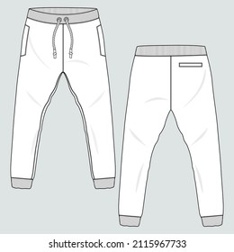 Fleece fabric Jogger Sweatpants overall technical fashion flat sketch vector illustration template front, back and side views isolated on white background.
