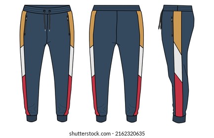 Fleece fabric Jogger Sweatpants technical fashion flat sketch vector illustration template front, back and side views isolated on white background.
