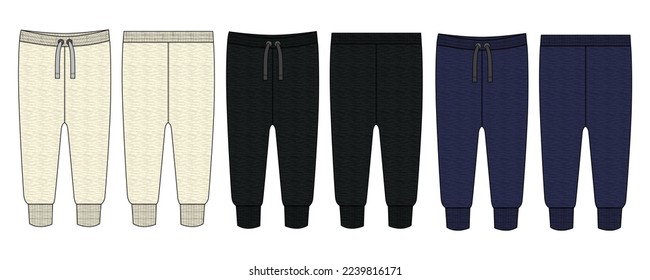 Fleece fabric Jogger Sweatpants technical fashion flat sketch vector illustration off white, navy and black color template front, back views.