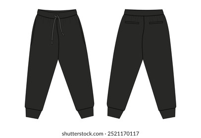 Tecido de velo Jogger Calça de moldura desenho técnico moda esboço plano vetor ilustração preto cor modelo frente, vistas de trás.