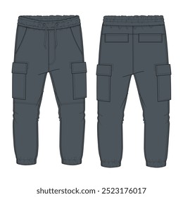 Tecido de velo Jogger Calça de moldura desenho técnico moda esboço plano vetor ilustração preto cor modelo frente, vistas de trás.