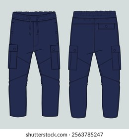 Fleece fabric Jogger Sweatpants technical drawing fashion flat sketch vector illustration Navy color template front, back views.
