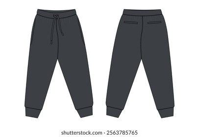 Fleece fabric Jogger Sweatpants technical drawing fashion flat sketch vector illustration black color template front, back views.
