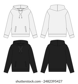 Fleece fabric Long sleeve hoodie technical drawing fashion flat sketch vector illustration template front and back views. Apparel design mockup easy edit and customizable