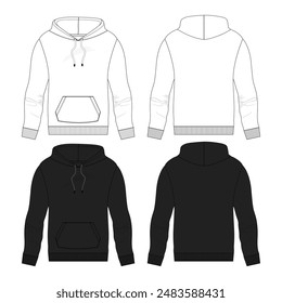 Fleece fabric Long sleeve Hoodie technical drawing fashion flat sketch vector illustration white and black color template front and back views isolated on white background