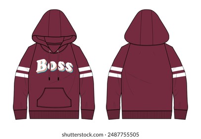 Sudadera con capucha de color rojo de manga larga con Plantilla de Ilustración vectorial con estampado frontal y posterior. Moqueta con capucha de la ropa de invierno aislada sobre fondo blanco