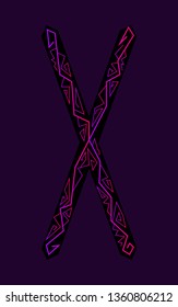 Fleece Gebo. Ancient Scandinavian runes. Runes senior futarka. Magic, ceremonies, religious symbols. Predictions and amulets. Ornament lightning. Dark background, black runes, purple-red ornament Neon
