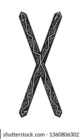 Fleece Gebo. Ancient Scandinavian runes. Runes senior futarka. Magic, ceremonies, religious symbols. Predictions and amulets. Ornament lightning. White background, black runes and white ornament