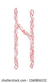 Fleece Hagalaz. Ancient Scandinavian runes. Runes senior futarka. Magic, ceremonies, religious symbols. Predictions and amulets. White background and red ornament