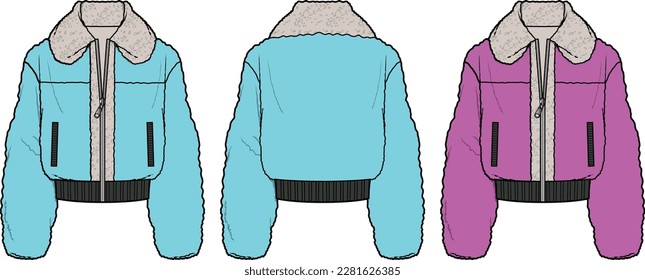 Fleece Jacket front and back flat sketch technical drawing vector illustration template