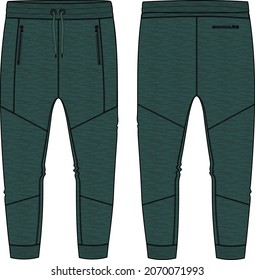 Fleece  jersey Sweat pant With Cut and sew technical fashion flat sketch template front and back views. Apparel jogger pants vector illustration Green Color  mock up for kids and boys. 