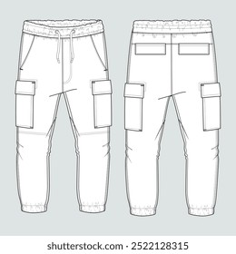 Paño grueso y suave jersey Pantalón de sudor Con corte y costura técnica de Plantilla de boceto plano vista frontal y posterior. Ropa pantalones jogger Ilustración vectorial maqueta para niños y niños. Diseño de moda dibujo CAD.
