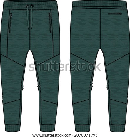 Fleece  jersey Sweat pant With Cut and sew technical fashion flat sketch template front and back views. Apparel jogger pants vector illustration Green Color  mock up for kids and boys. 