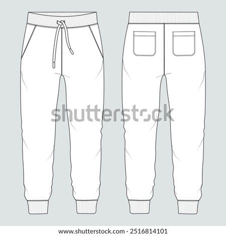 Fleece jersey Sweat pant With Cut and sew technical fashion flat sketch template front and back views. Apparel jogger pants vector illustration mock up for kids and boys. Fashion design drawing CAD.
