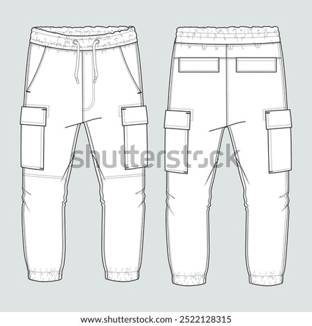 Fleece jersey Sweat pant With Cut and sew technical fashion flat sketch template front and back views. Apparel jogger pants vector illustration mock up for kids and boys. Fashion design drawing CAD.
