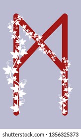Fleece Mannaz, the ancient Scandinavian Fleece. Vector illustration. The letter of the senior futarka. Herbal theme, ivy rune runes. Red runes.