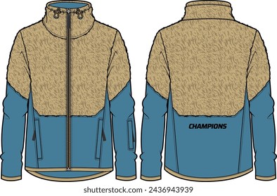 Vellón de mezcla de la chaqueta de diseño de boceto plano de ilustración, chaqueta de piel con cremallera vista frontal y posterior, chaqueta de invierno Anorak para hombres y mujeres. para el entrenamiento, running y entrenamiento en invierno.