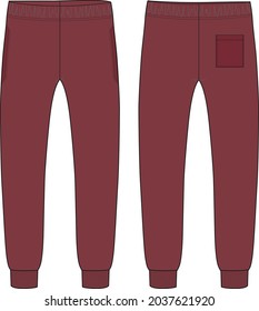 Fleece Red color fabric jogger sweatpants overall technical fashion flat sketch vector template front and back views isolated on white background. Man, women and kids Clothing unisex cad Mock up.