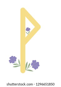 Fleece Scandinavia. Vector illustration of runes Wunjo. The symbol of the letter Futhark. Spiritual esoteric. Fleece with leaves and flowers.