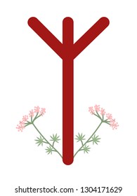 Fleece Scandinavia. Vector illustration of the runes Algiz. The symbol of the letter Futhark. Spiritual esoteric. Fleece with leaves and flowers.