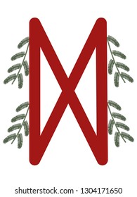 Fleece Scandinavia. Vector illustration of the runes Dagaz. The symbol of the letter Futhark. Spiritual esoteric. Fleece with leaves and flowers.