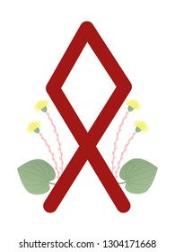 Fleece Scandinavia. Vector illustration of the runes Othila (Othal). The symbol of the letter Futhark. Spiritual esoteric. Fleece with leaves and flowers.