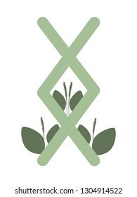 Fleece Scandinavia. Vector illustration of the runes Inguz. The symbol of the letter Futhark. Spiritual esoteric. Fleece with leaves and flowers