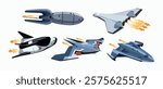 Fleet of advanced spaceships in vector style with futuristic design with shiny engines for interstellar travel on white background.