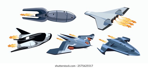 Fleet of advanced spaceships in vector style with futuristic design with shiny engines for interstellar travel on white background.