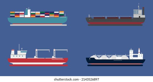 Fleet of different cargo ships. Shipping industry, Oil transport and Maritime transport 