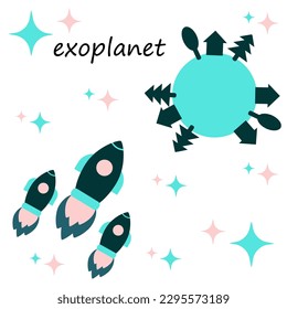 A fleet of Earth spaceships is headed for a habitable exoplanet. Cartoon vector illustration on white background.