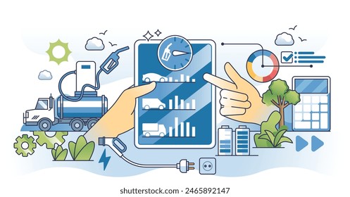 Fleet fuel management for effective gasoline usage outline hands concept. Transportation, logistics industry company with smart gas consumption and refueling monitoring software vector illustration.