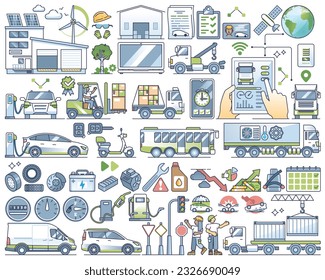 Fleet management, global logistics and transportation outline collection set. Elements with cargo shipping, truck tracking or shipment monitoring vector illustration. Drive nature friendly items.