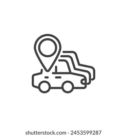 Fleet Management line icon. Vehicle and map pin linear style sign for mobile concept and web design. Fleet tracking and management outline vector icon. Symbol, logo illustration. Vector graphics