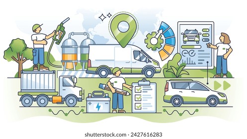 Flottenmanagement mit modernem Logistiküberwachungssystem und Rahmenkonzept. Fahrzeugwartung und -aufladung in effektiver Fracht-Business-Station Vektor-Illustration. Nachhaltiger umweltfreundlicher Verkehr.