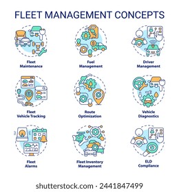 Fleet Management Multi-Color-Konzept-Symbole. Fahrzeugwartung. Effizienzüberwachung, Bestandskontrolle. Senkung der Betriebskosten. Symbolpaket. Vektorbilder. Runde Formabbildungen. abstrakte Idee