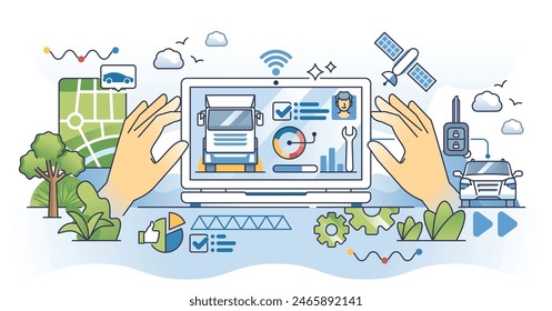 Fleet management software for effective monitoring outline hands concept. Logistics cargo vehicles location detection, fuel level check or efficiency research with remote app vector illustration.