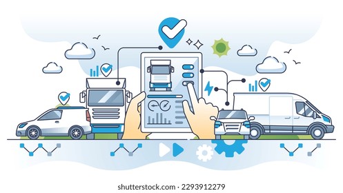 Fleet management system or FMS as logistic trucks software outline concept. Company car, trailer or freight control with digital application vector illustration. Battery level and performance check. svg