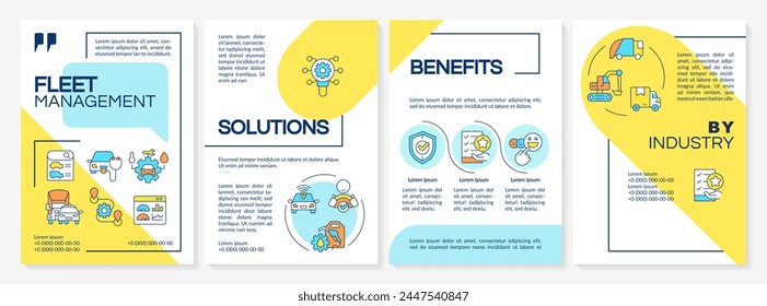 Fleet management systems blue and yellow brochure template. Leaflet design with linear icons. Editable 4 vector layouts for presentation, annual reports. Questrial, Lato-Regular fonts used