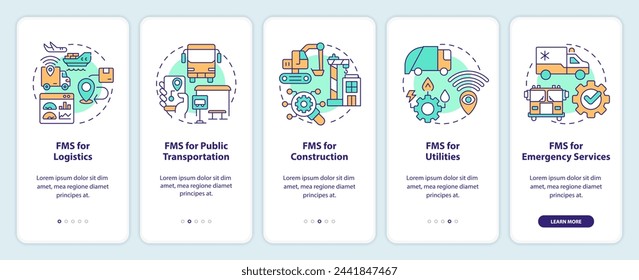 Sistemas de gestión de flotas que incorporan la pantalla de la aplicación móvil. Tutorial 5 pasos: instrucciones gráficas editables con conceptos lineales. UI, UX, plantilla GUI. Myriad Pro-Bold, Fuentes regulares utilizadas