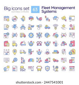 Flottenmanagementsysteme RGB-Farbsymbole gesetzt. Routenplanung, Fahrzeugverfolgung. Zufriedenheit der Kunde. Vereinzelte Vektorillustrationen. Einfache gefüllte Linienzeichnungen Kollektion. Bearbeitbarer Strich