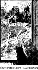 Fleet and Mrs. Muffet, this scene shows cat and dog standing at door and looking at cow and three birds walking, trees in background, vintage line drawing or engraving illustration