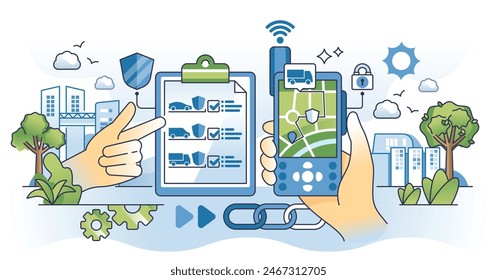 Flottensicherheitslösungen mit Fahrzeugüberwachungssystem skizzieren Handkonzept. Effiziente Frachtverfolgungs-App mit GPS-Ortungsdiensten, Versicherungs-Check und Informationen zur Fahrer-Vektorillustration