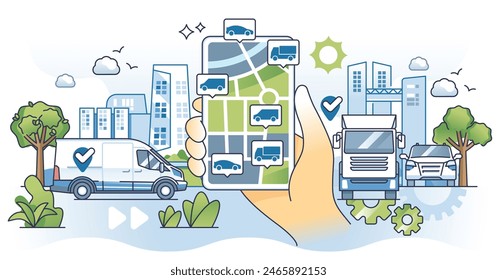 Fleet tracking with GPS location or navigation services outline hands concept. Logistic efficiency system with smart route planning and all vehicles precision positioning on map vector illustration.