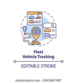 Mehrfarbiges Konzept-Symbol für die Fahrzeugverfolgung. Refer Monitoring, Routenplanung. Darstellung der runden Formlinie. Abstrakte Idee. Grafikdesign. Einfache Verwendung in Infografik, Präsentation