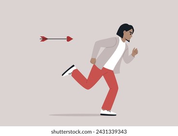 Fleet-Footed Escape From Cupids plan, A young character dashes away from a symbolic arrow of love with determination