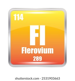 Ícone Flerovium. Fl elemento químico. Número atômico 114. Massa 289. Quadrado laranja brilhante.